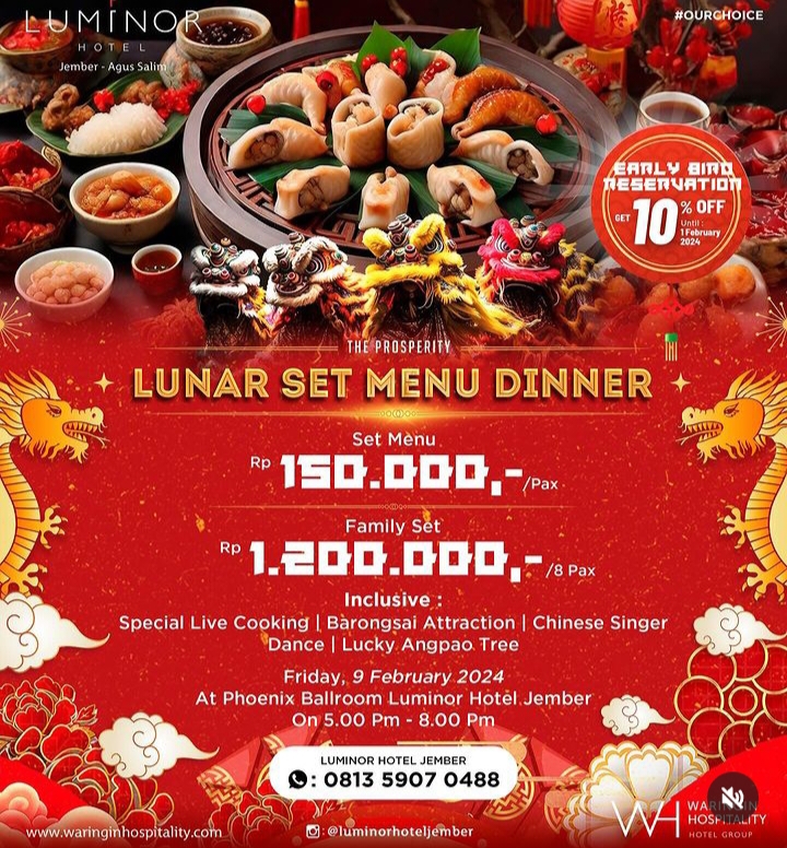 Promo dan menu dinner special menyambut Chinese New Year 2024 di Luminor Hotel Jember