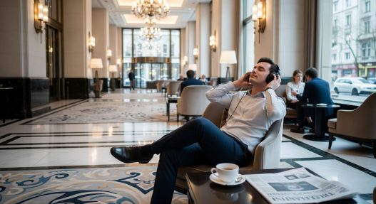 Tamu Menikmati Musik di Lobi Hotel