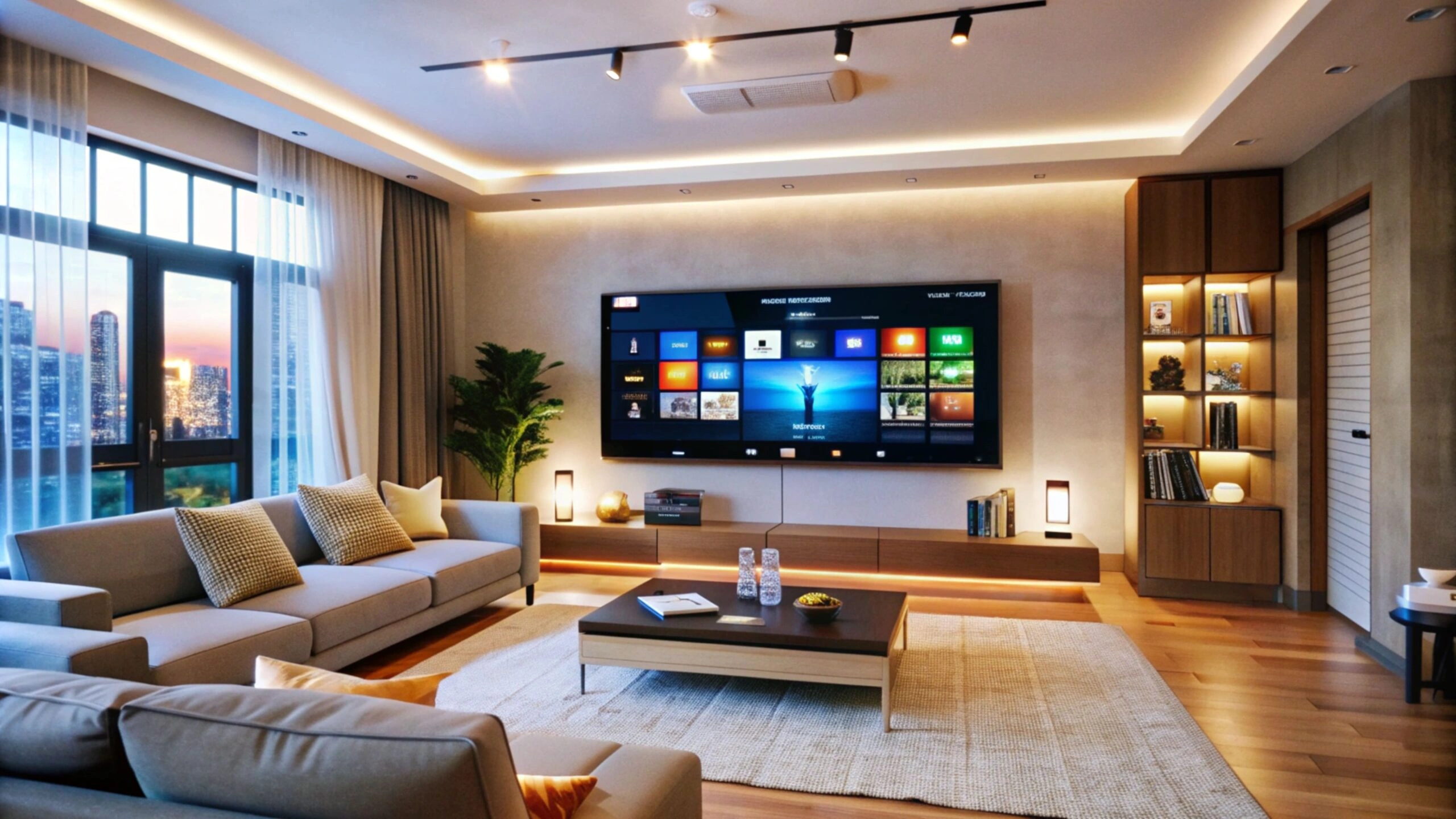 Interior hotel dengan pengaturan smart room via smartphone.