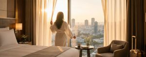 Staycation di kamar hotel modern dengan pemandangan kota