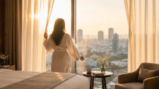 Staycation di kamar hotel modern dengan pemandangan kota
