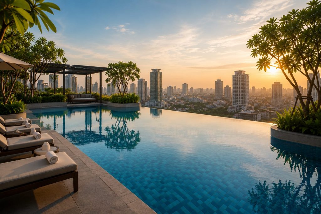 Kolam renang dan area relaksasi membuat pengalaman staycation semakin menyenangkan.