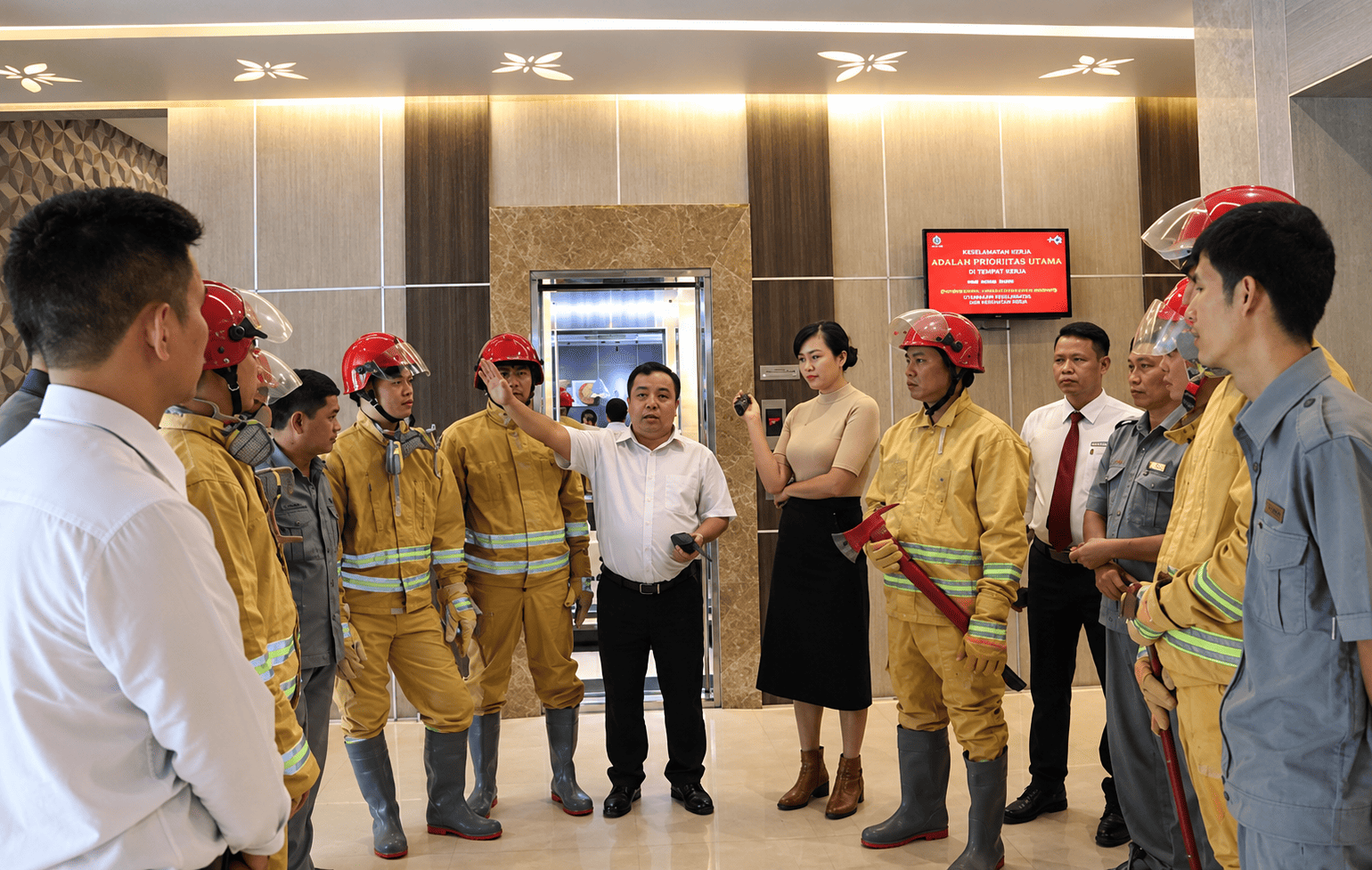 Briefing tim hotel dan petugas pemadam dalam evaluasi simulasi kebakaran