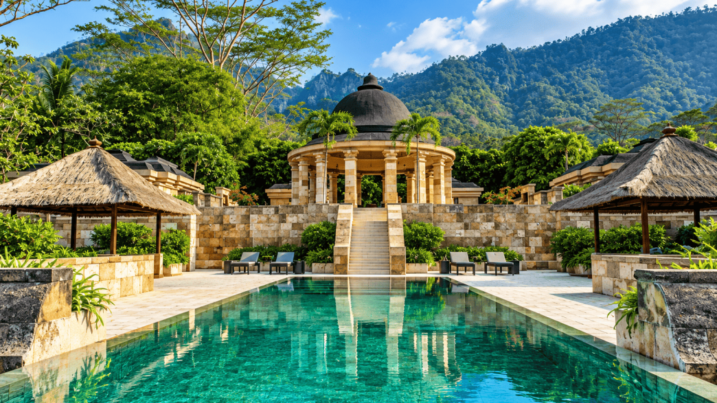 Amanjiwo Resort di Magelang dengan kolam renang dan pemandangan pegunungan