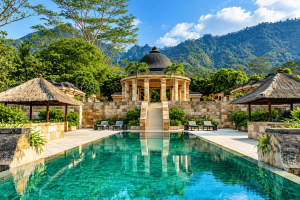 Amanjiwo Resort di Magelang dengan kolam renang dan pemandangan pegunungan