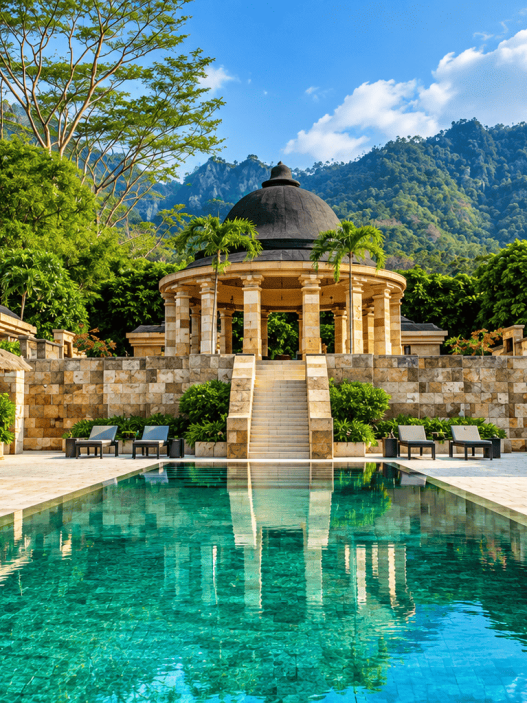 Amanjiwo Resort di Magelang dengan kolam renang dan pemandangan pegunungan