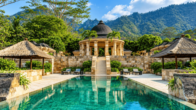 Amanjiwo Resort di Magelang dengan kolam renang dan pemandangan pegunungan