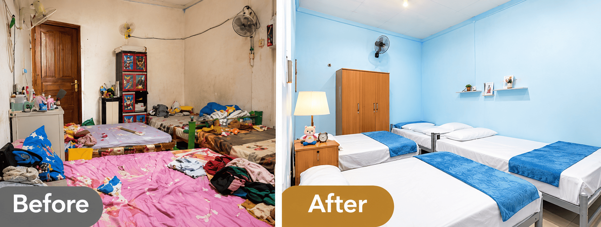 Perbandingan kondisi kamar YPKAI Surabaya sebelum dan sesudah pembenahan oleh Archipelago Hotels