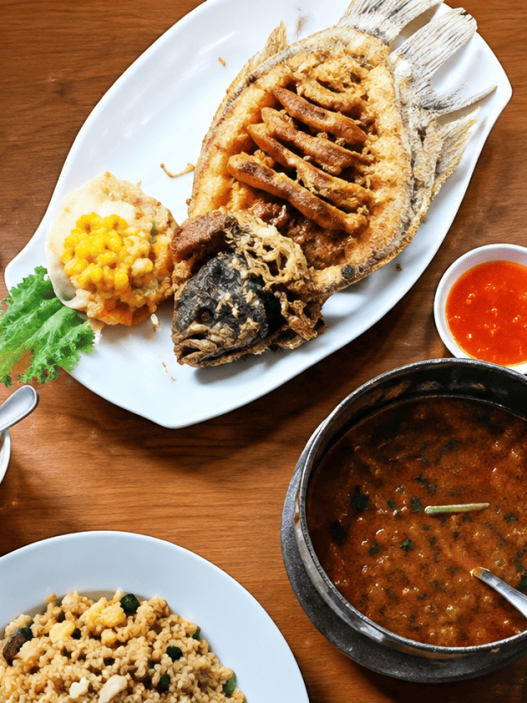 Aneka hidangan Thailand dengan ikan goreng, nasi, sayuran, kari, sambal, dan makanan pendamping di meja restoran