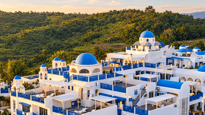 Jungwok Blue Ocean Resort di kawasan perbukitan dengan bangunan putih dan kubah biru.