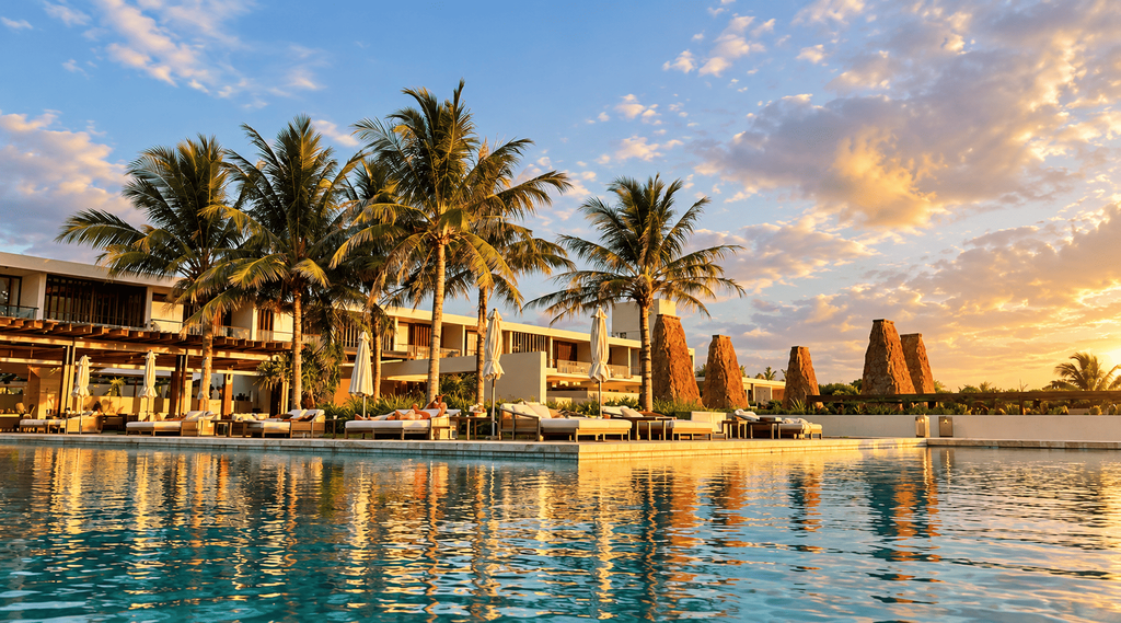 Cap Kroso Hotel dengan kolam renang dan pemandangan resort tropis saat matahari terbenam