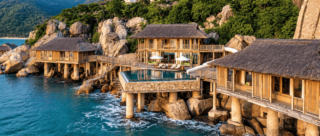 Resort Six Senses Ninh Van Bay di Vietnam dengan vila kayu dan pemandangan laut.
