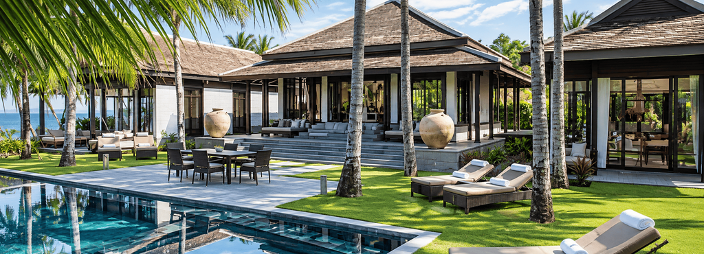Four Seasons Resort The Nam Hai Hoi An Vietnam dengan vila bergaya tropis, kolam renang, taman hijau, dan pemandangan laut.