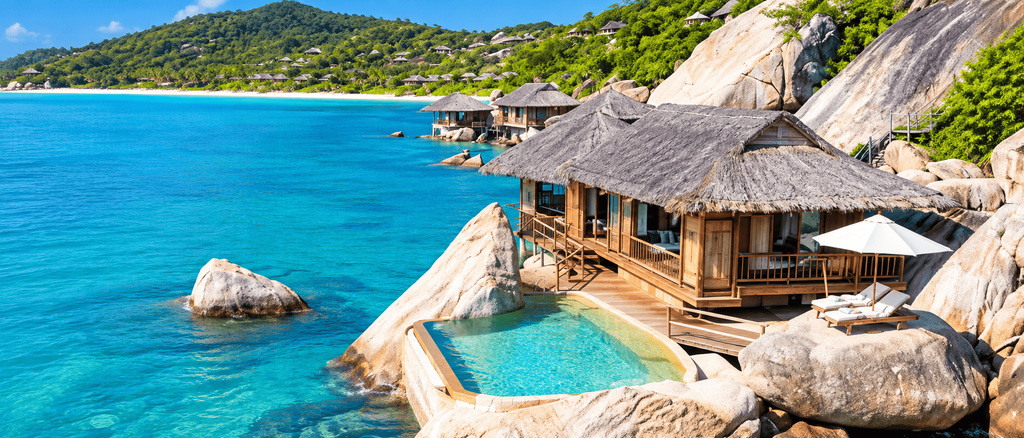 Six Senses Con Dao dengan vila kayu beratap jerami di tepi laut, kolam renang pribadi, bebatuan granit, dan pemandangan laut biru tropis.