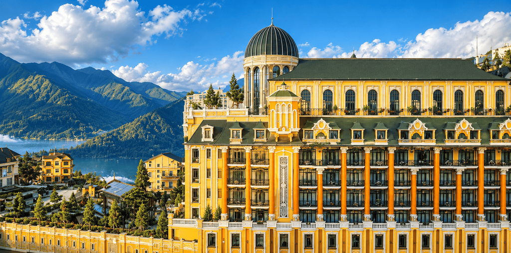 Hotel de la Coupole Sapa - MGallery Collection dengan arsitektur klasik bergaya Eropa, kubah ikonik, dan pemandangan pegunungan Sapa.