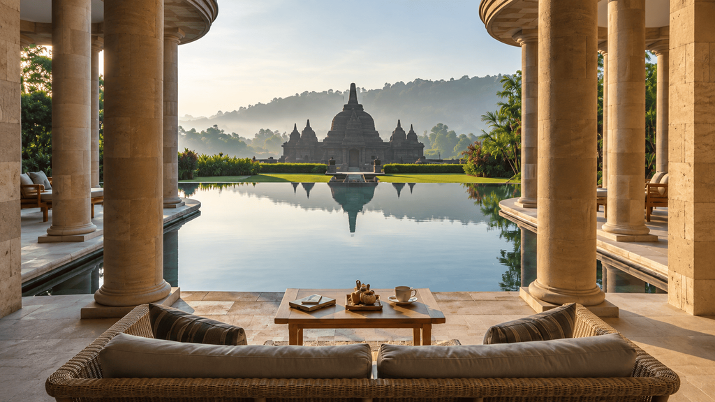 Amanjiwo dengan pemandangan Candi Borobudur, kolam renang, dan lanskap hijau Jawa Tengah