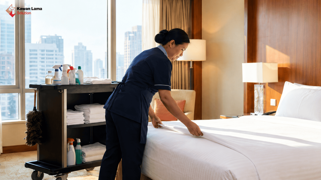 Housekeeping hotel merapikan tempat tidur dan menyiapkan kamar untuk tamu