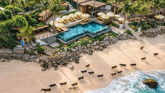 Vila NIHI Sumba dengan kolam renang dan arsitektur tradisional di tengah alam