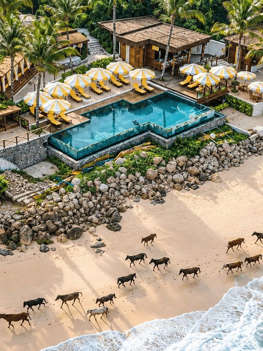 Vila NIHI Sumba dengan kolam renang dan arsitektur tradisional di tengah alam