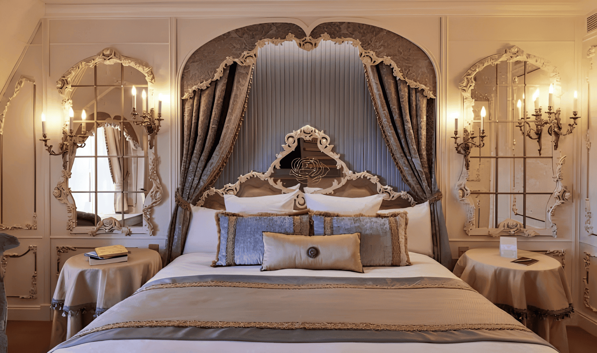 Interior kamar Disneyland Hotel Paris dengan dekorasi elegan bergaya kerajaan