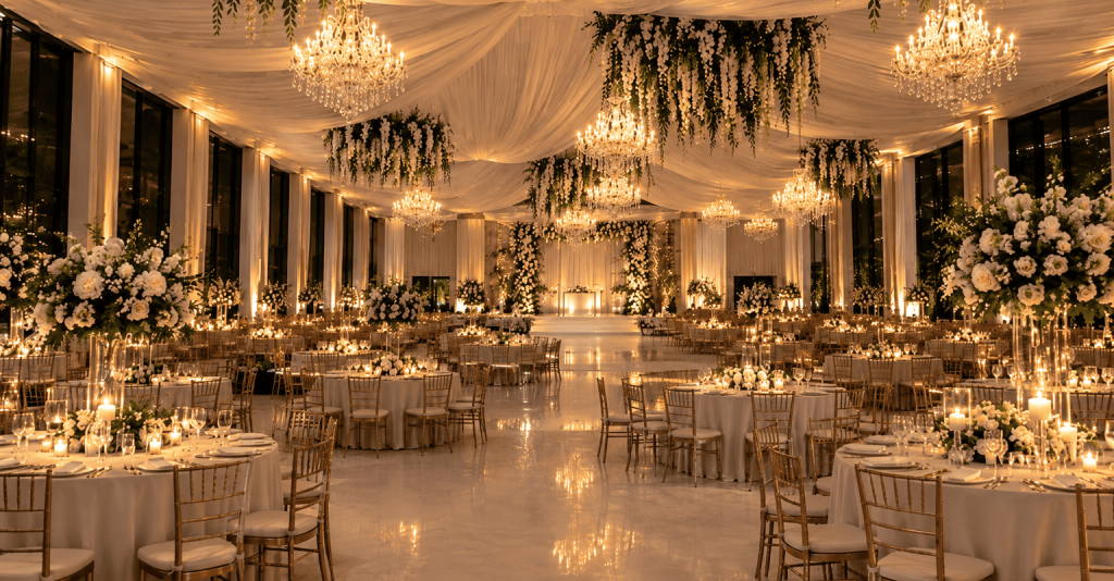 Ballroom hotel yang disusun untuk pernikahan atau acara perusahaan