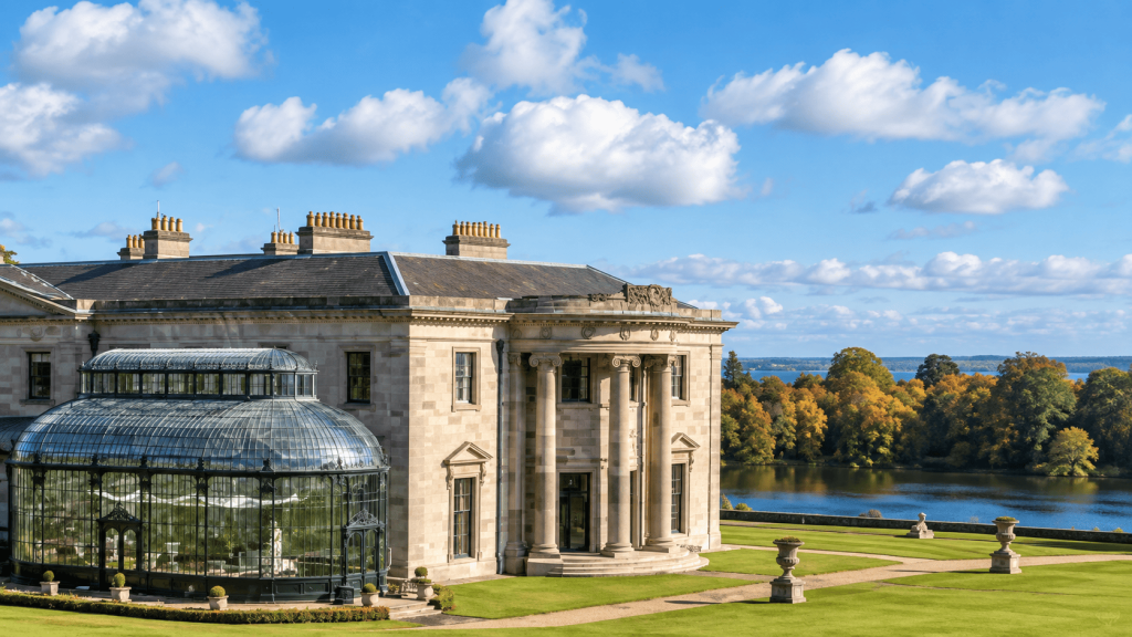 Ballyfin Demesne dengan bangunan manor klasik, konservatori kaca, taman luas, dan pemandangan danau