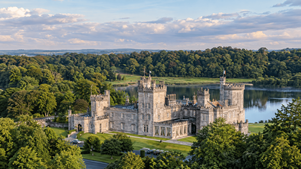Dromoland Castle di County Clare, Irlandia, dikelilingi pepohonan hijau dan danau yang luas