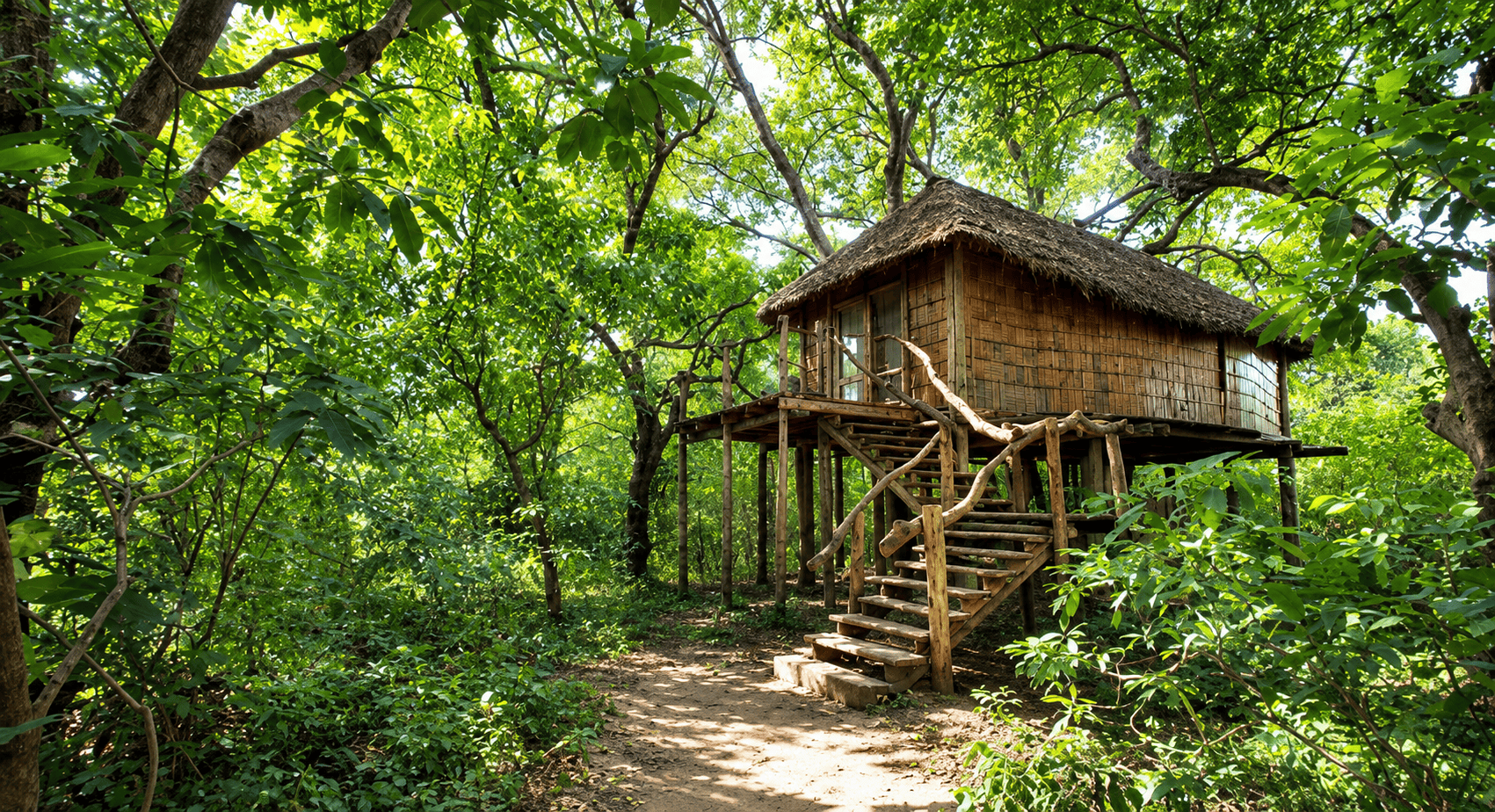 &Beyond Lake Manyara Tree Lodge, Tanzania, penginapan rumah pohon kayu di tengah hutan hijau yang rimbun.