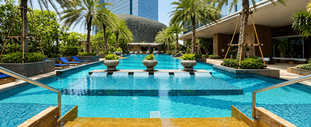 Kolam renang Raffles Jakarta dengan air biru jernih, area lounge, pepohonan tropis, dan bangunan modern di sekitarnya.
