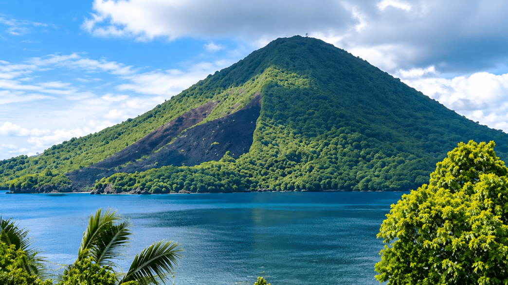 Pemandangan alam Banda Neira dengan gunung berapi hijau dan laut biru yang jernih.