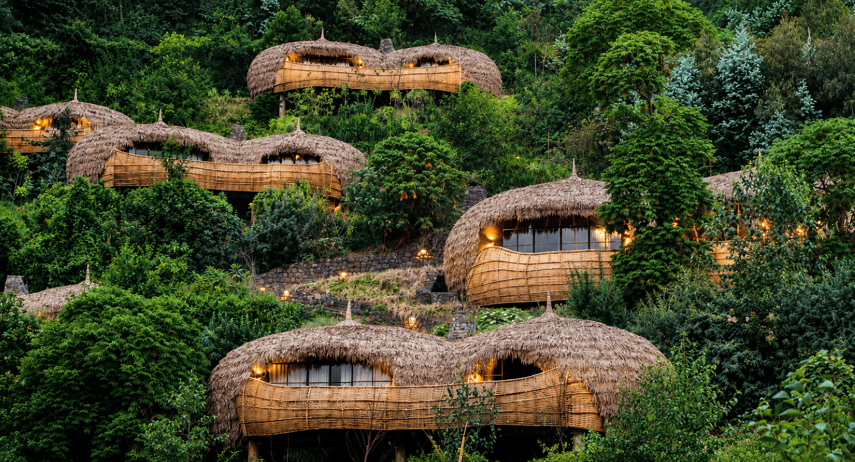 Wilderness Bisate Lodge di Rwanda dengan vila berdesain unik beratap melengkung yang dikelilingi hutan pegunungan hijau.