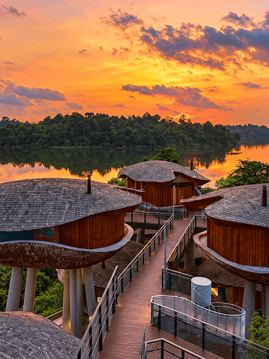 Mandai Rainforest Resort by Banyan Tree, Singapura, menampilkan akomodasi bergaya treehouse yang dikelilingi hutan hijau dengan suasana alami dan menenangkan.