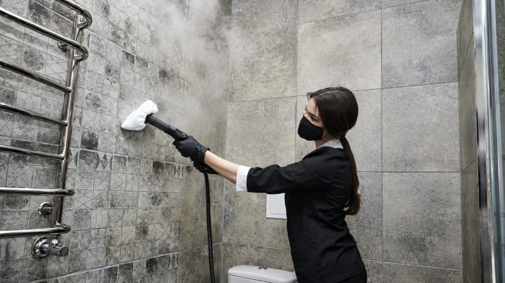 Staff Deep Cleaning membersihkan kamar mandi secara mendalam